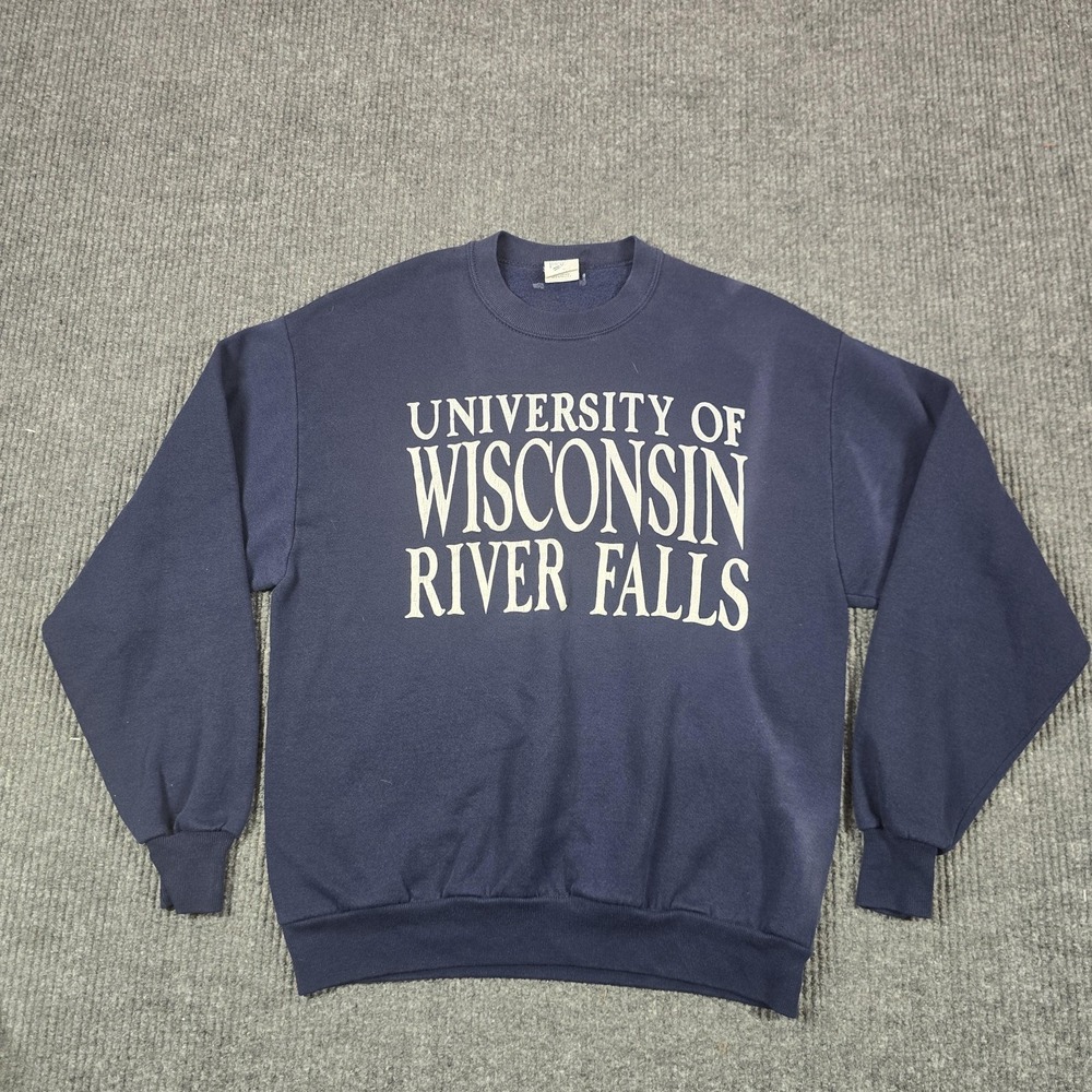 Vintage Velva Sheen Sweatshirt Mens Large Blue University Wisconsin River Falls